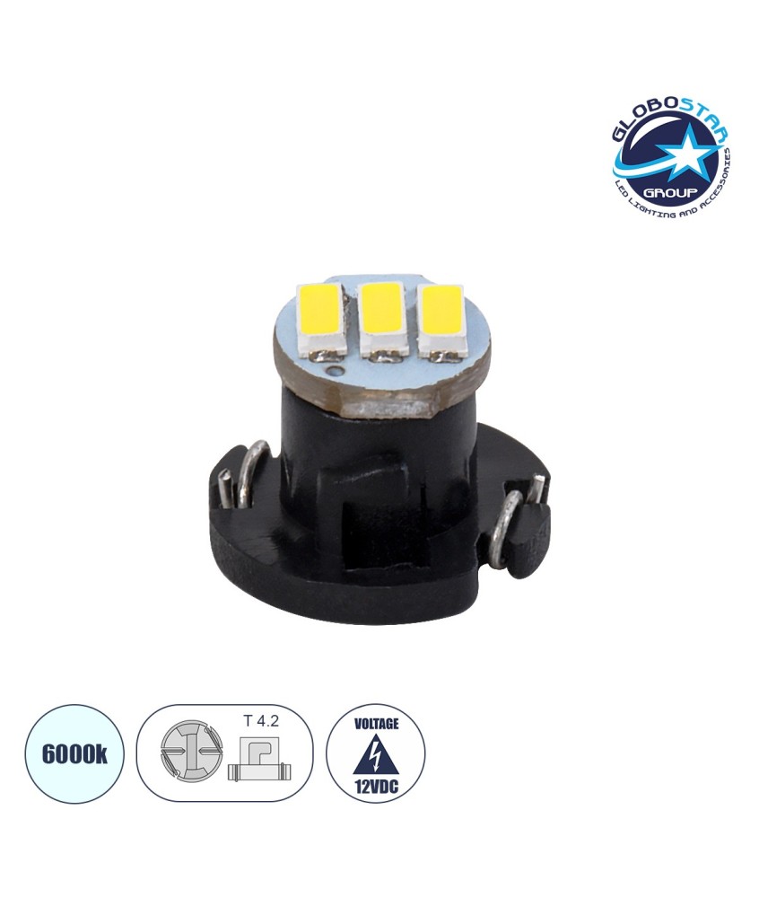 GLOBOSTAR® T4.2 81008 Λάμπα T4.2 11mm B8.5d LED 0.18W 50lm 120° DC 12V IP20 Ψυχρό Λευκό 6000K - 3 x Epistar SMD4014 Chip - Μ1.1 x Π1.1 x Υ0.8cm - 1 Χρόνο Εγγύηση